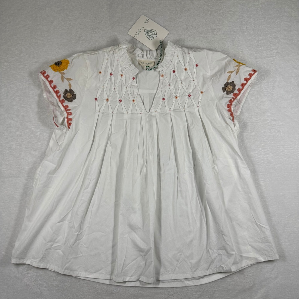 Ex Voto Maya Embroidered Blouse White Cotton Ruffle Neck Womens Large NWT $179